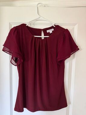 Calvin Klein Wine Pleated Flutter Sleeve Blouse